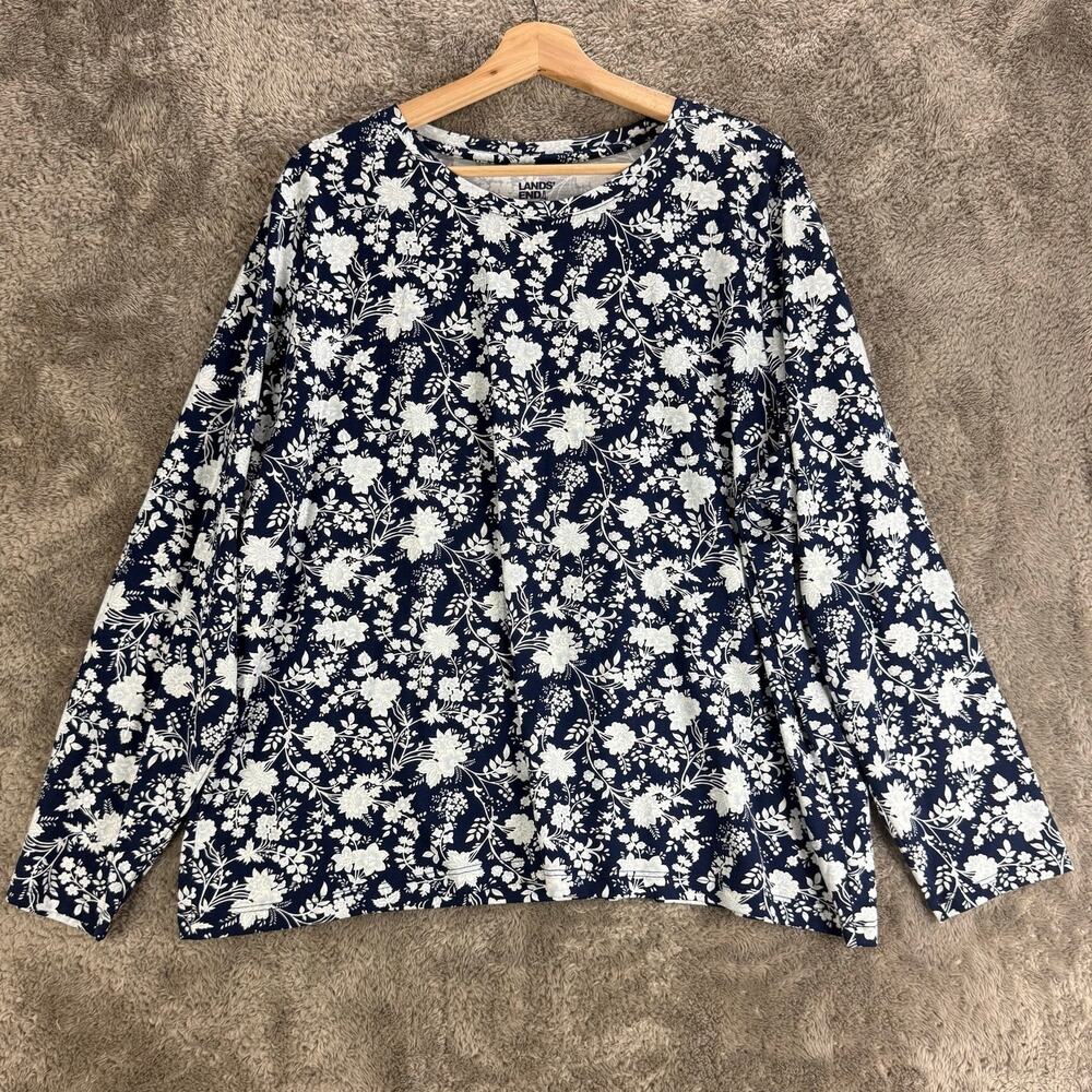 Lands End Navy Blue White Floral Swim Shirt Rash Guard Long Sleeve 2X 20W 22W